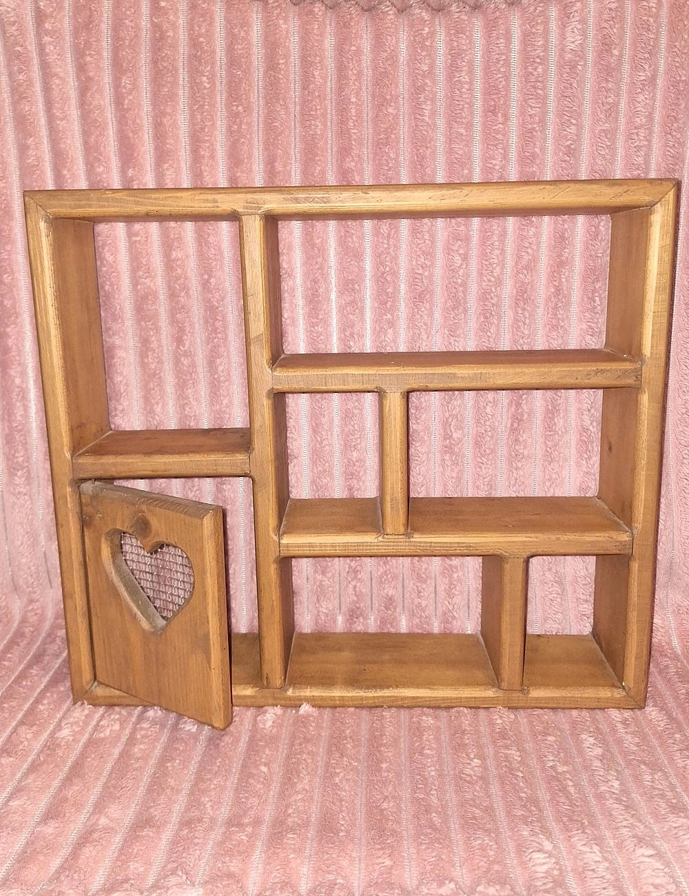 Vintage/Cottagecore Wooden Cubby Wall Shelf with Heart Mesh Door